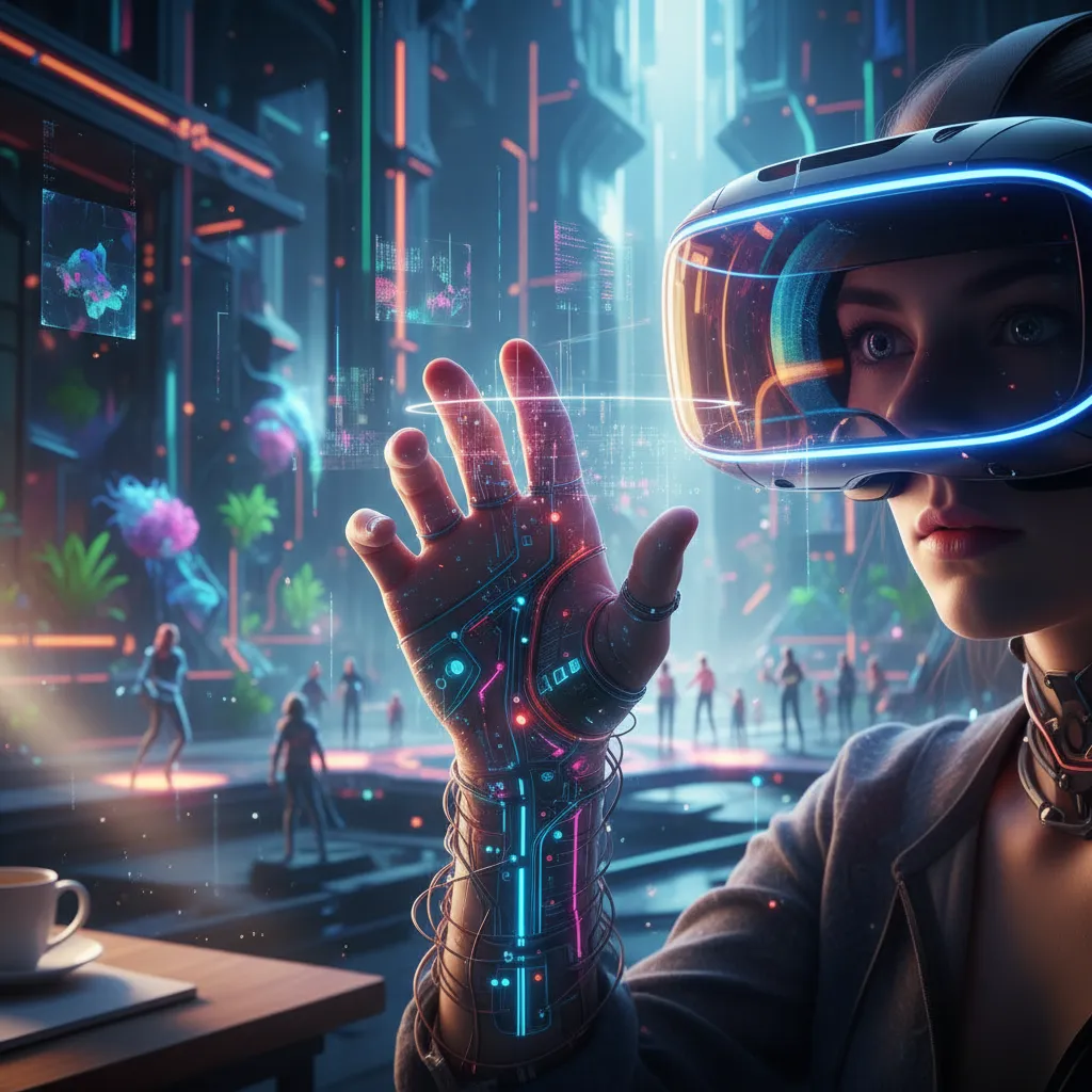 Hand wearing a VR headset, immersed in a futuristic metaverse environment.