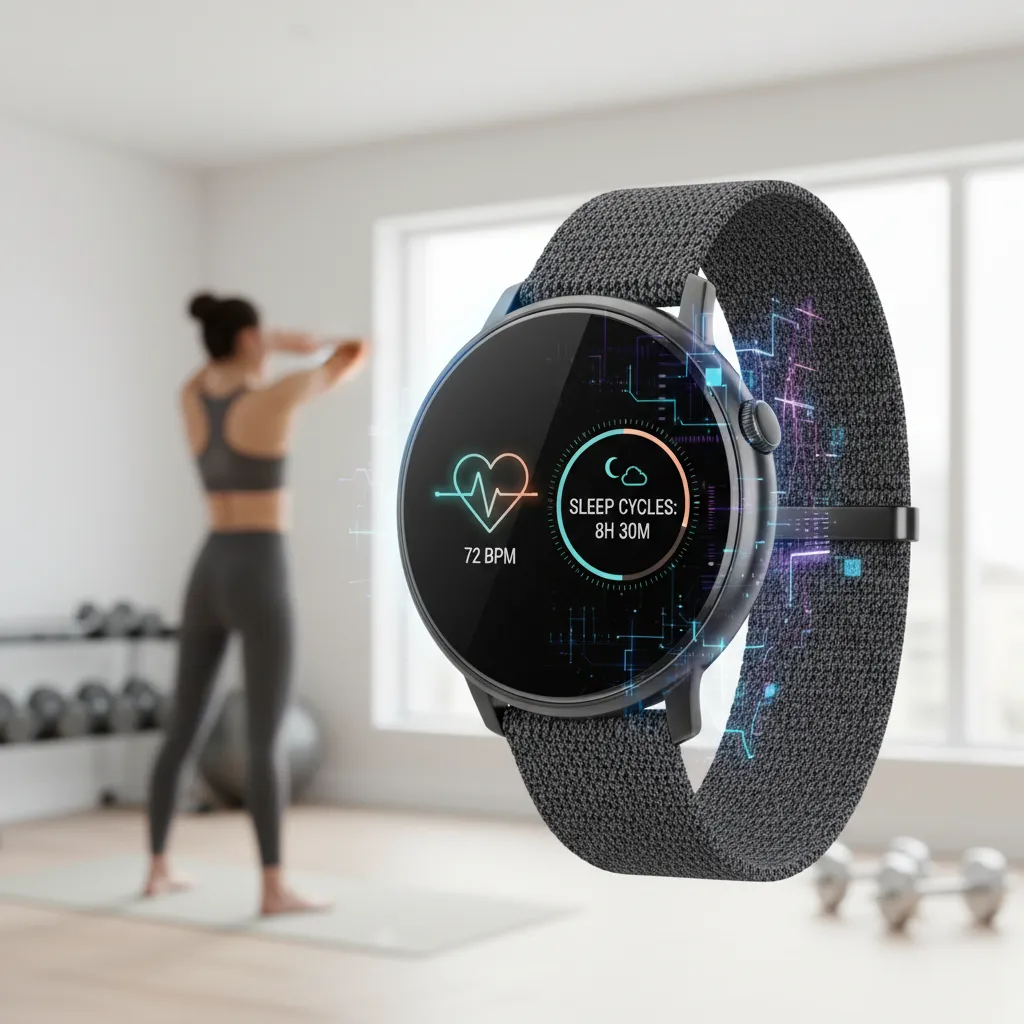 Smartwatch displaying personalized health data with AI overlay