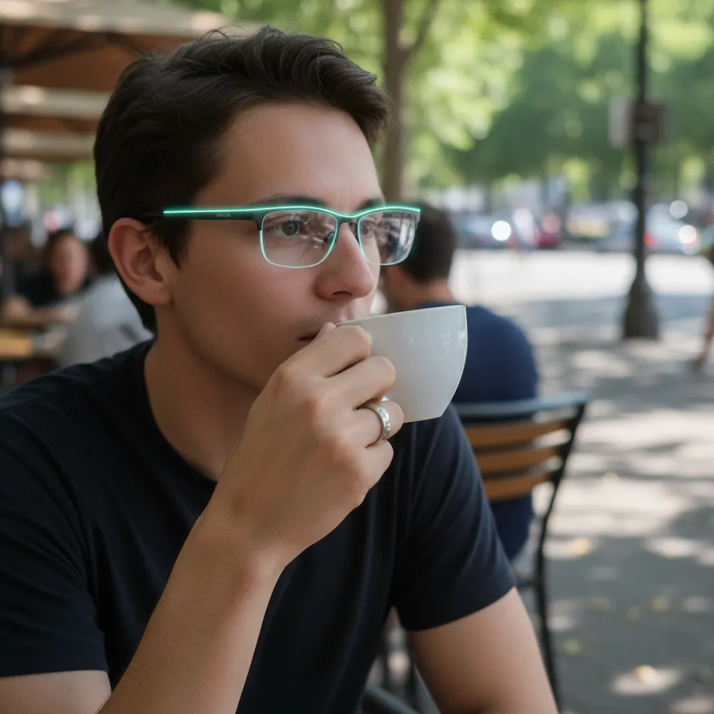 Person wearing smart ring with on-device AI in a cafe