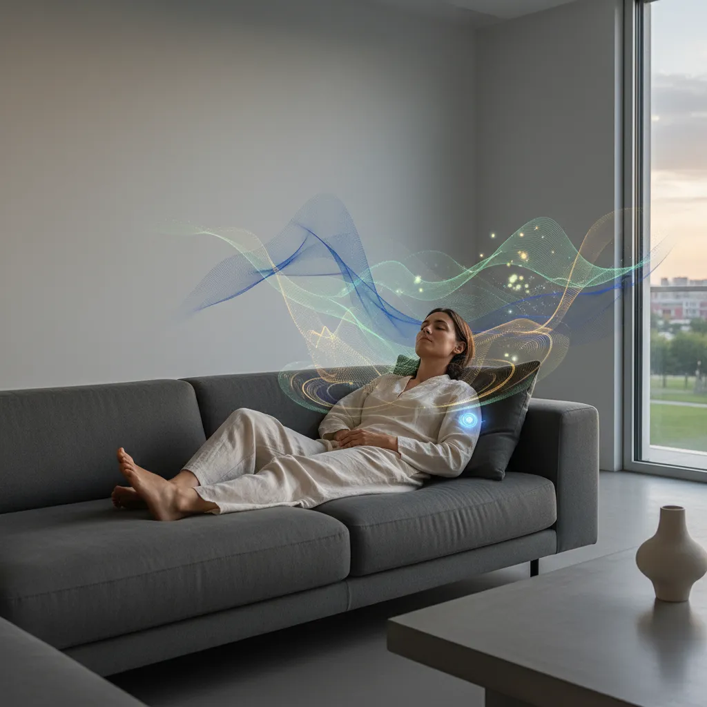 Wearable health patch on arm showing wellness data.