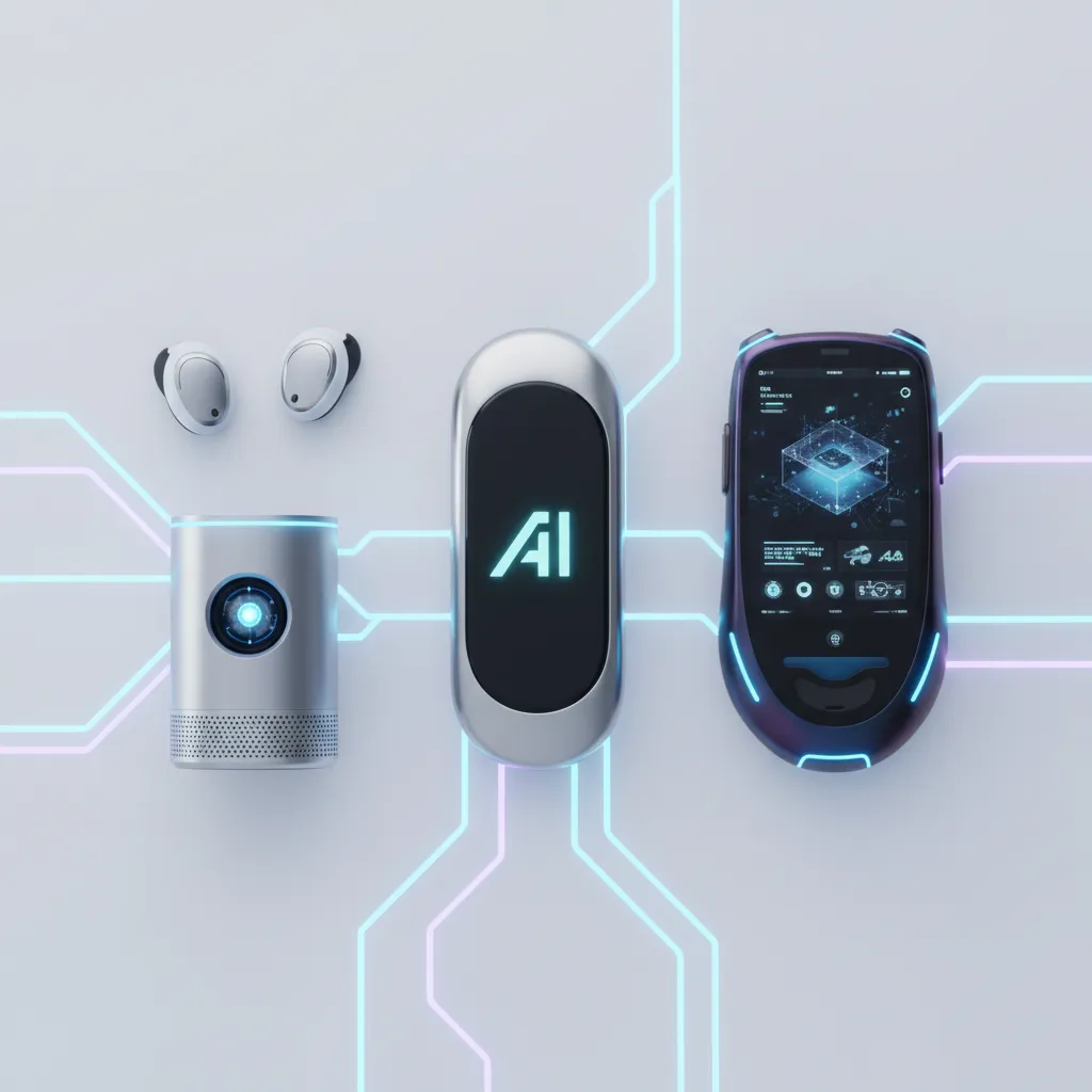 A collection of sleek, minimalist AI gadgets like the Humane AI Pin and Rabbit R1 displayed on a modern, clean background.