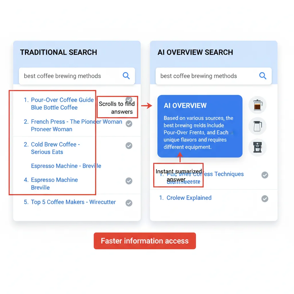 An infographic comparing a classic Google search result with the new AI Overview feature at the top.
