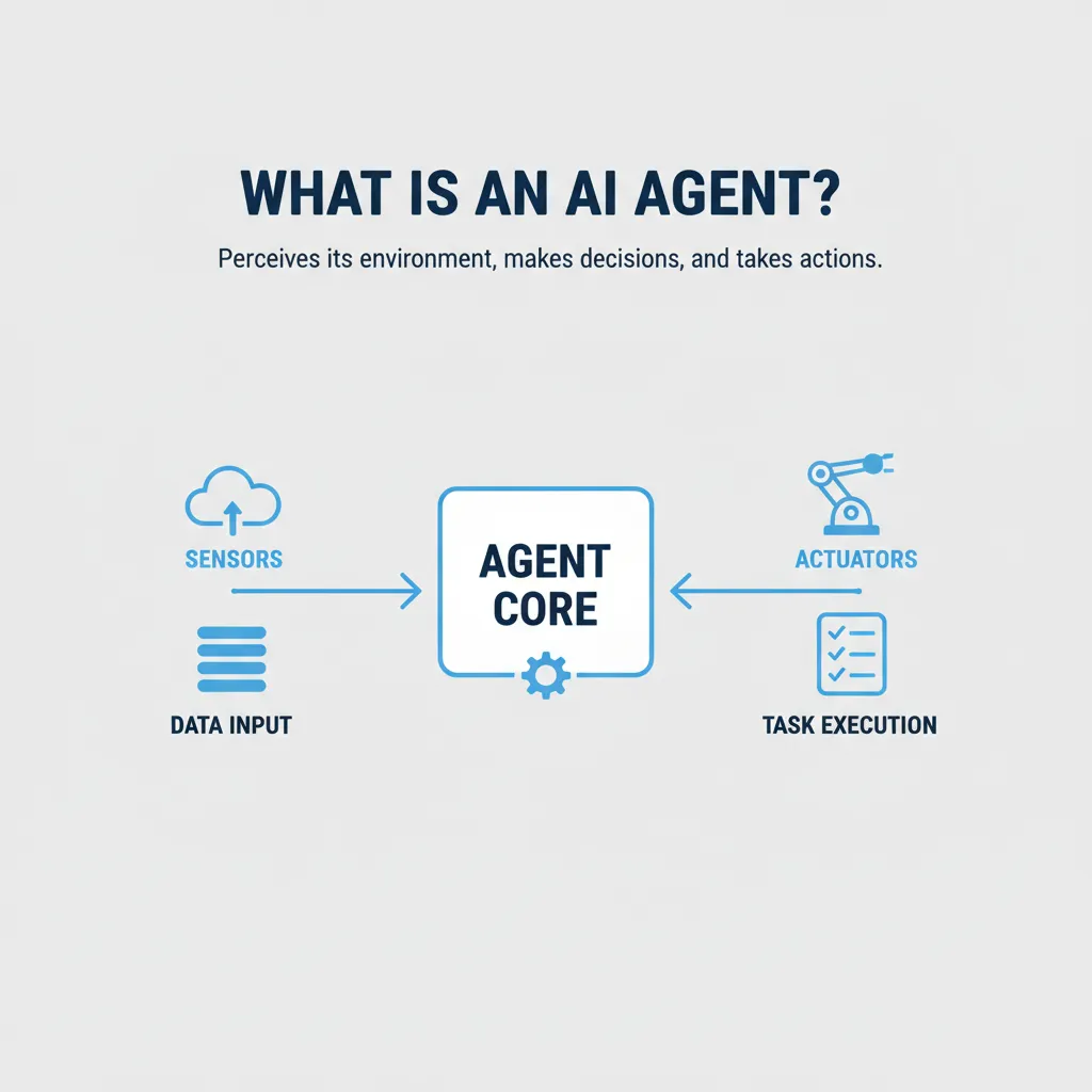 A diagram showing the basic components of an AI agent, including sensors, actuators, and a decision-making core.