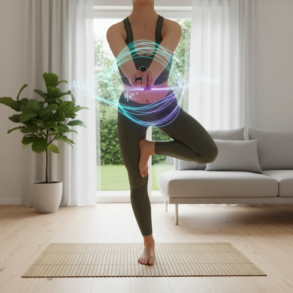 Person doing yoga with smart ring tracking biometrics