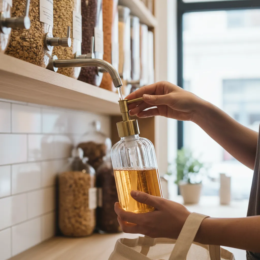 Hands refilling a glass bottle with bulk soap at a zero-waste store.